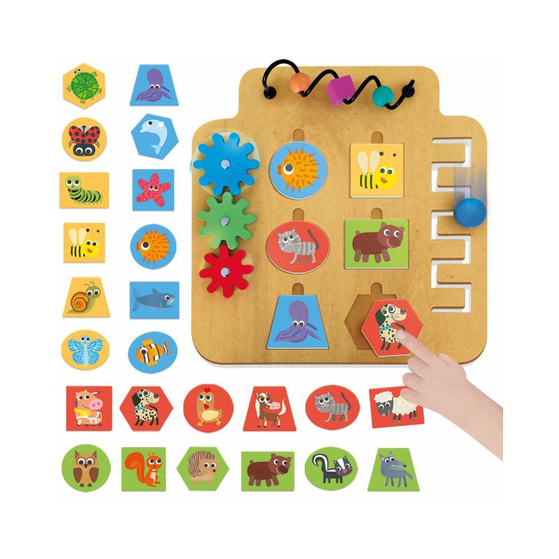 Brinquedo educativo de madeira com peças de animais e engrenagens coloridas