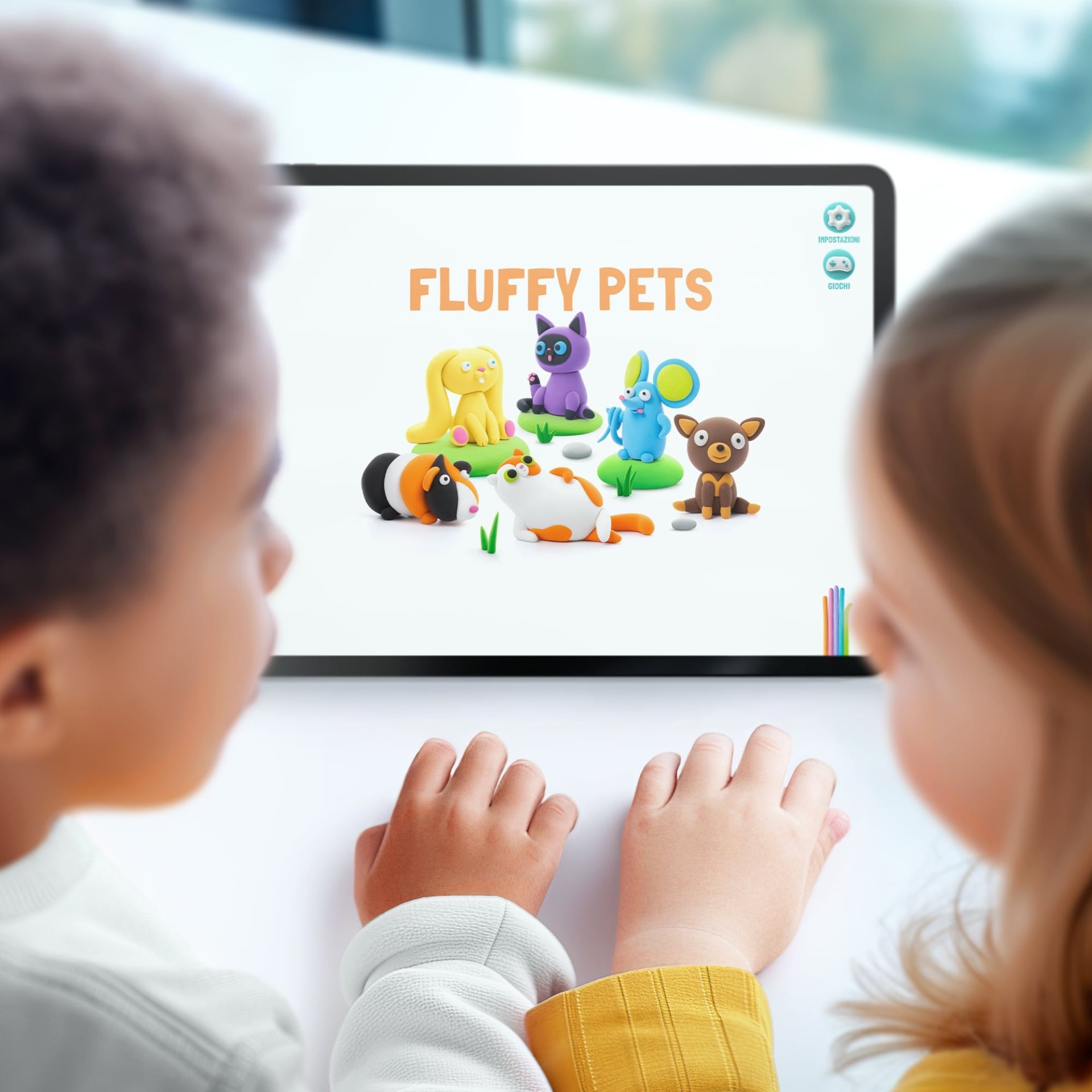Crianças a usar tablet com aplicação FLUFFY PETS mostrando animais de massinha coloridos