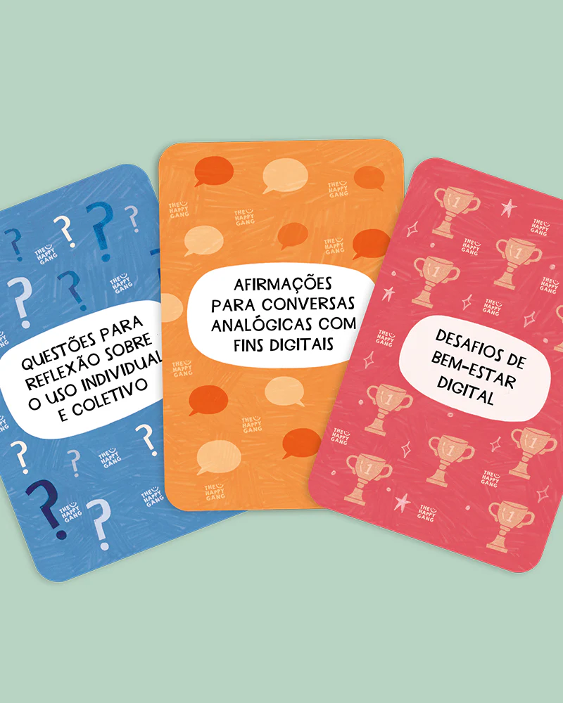 Cartas coloridas com textos em português sobre reflexão digital