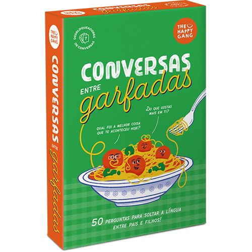 Caixa de jogo 'Conversas entre Garfadas' com ilustração e texto em português