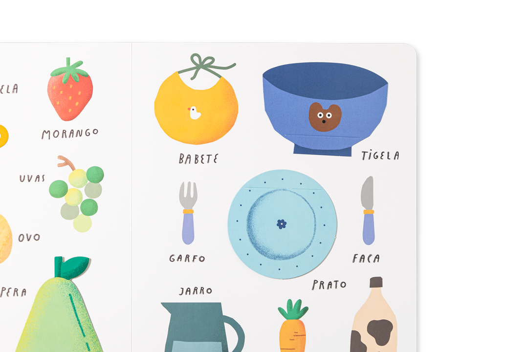 Ilustração colorida de objetos e alimentos com palavras em português