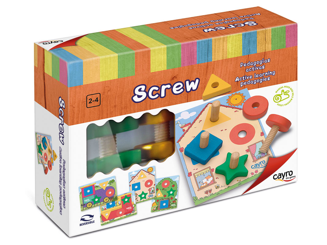 Brinquedo educativo de madeira com parafusos coloridos em caixa com texto Screw
