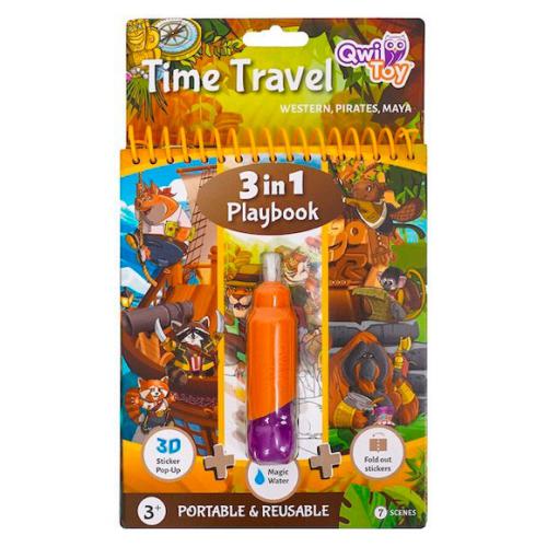 Jogo infantil Qwiloo Toy Time Travel 3 in 1 Playbook com caneta mágica e autocolantes em embalagem colorida.