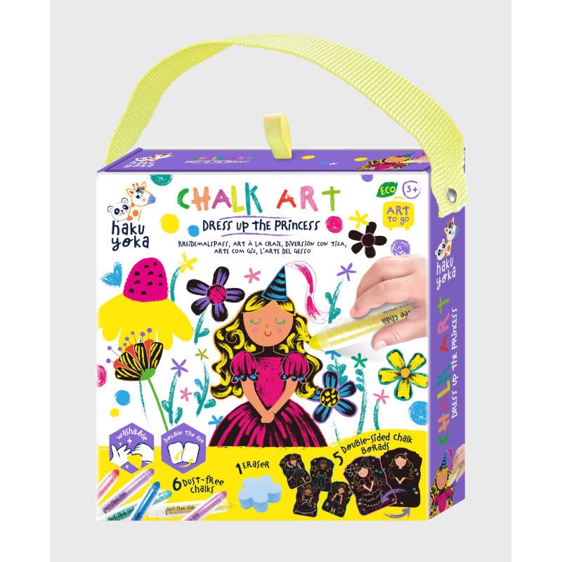 Conjunto Chalk Art com giz, apagador e bordados para decorar princesa, embalagem colorida com pega amarela