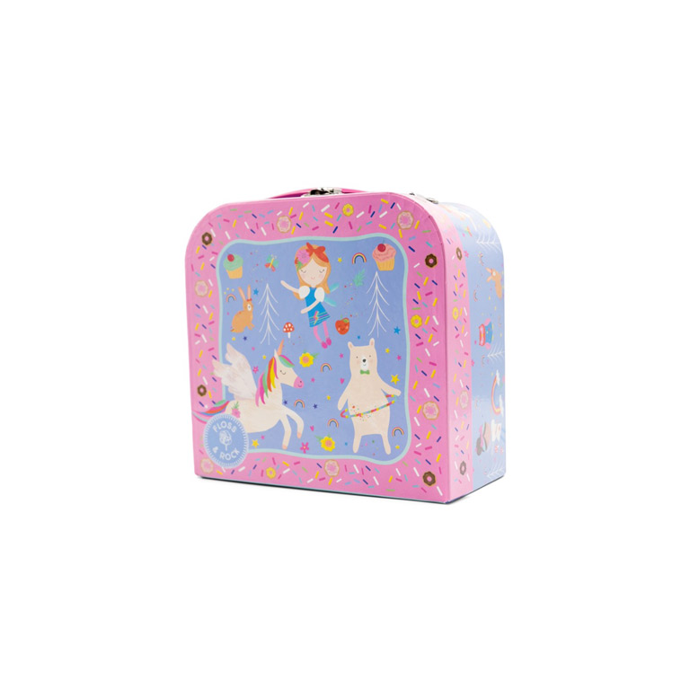 Estojo infantil rosa e azul com ilustrações de menina, unicórnio, urso e cupcakes