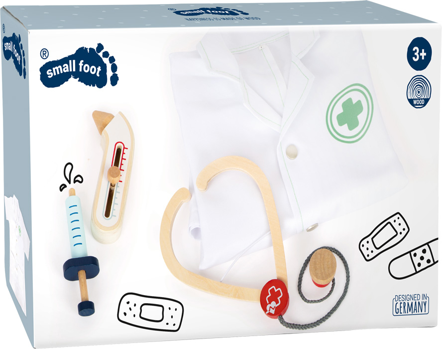 Conjunto de brinquedo de médico para crianças com jaleco branco, termómetro, seringa, estetoscópio e fita adesiva em caixa