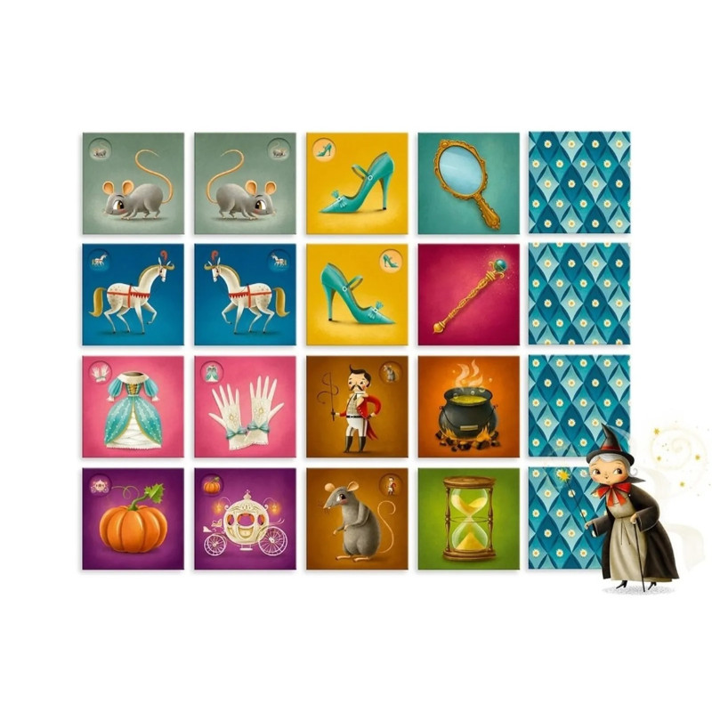 Ilustrações coloridas em quadrados representando a história da Cinderela com vários elementos e uma personagem de bruxa.