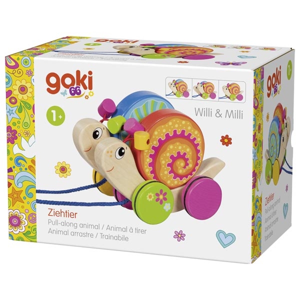 Brinquedo para puxar Goki Willi & Milli em caixa colorida