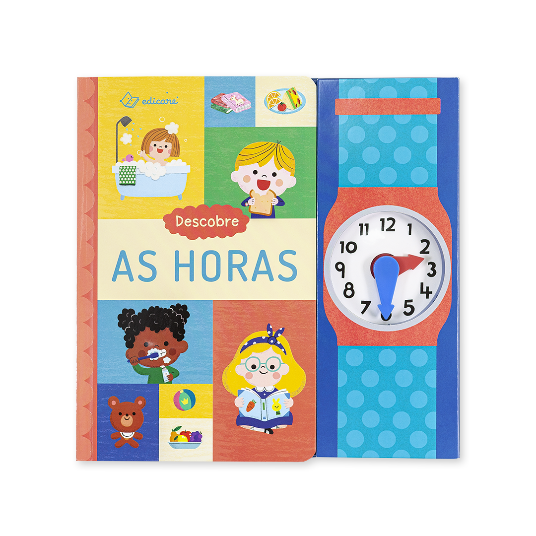 Capa de livro infantil 'Descobre AS HORAS' com ilustrações de crianças, ursinho, brinquedos e relógio com ponteiros articulados.