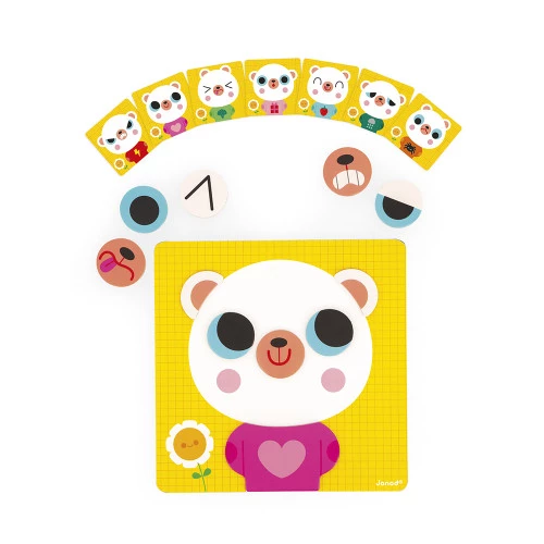 Jogo de cartas com peças de expressões de um urso branco em fundo amarelo