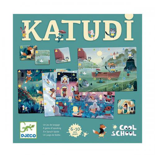 Jogo infantil KATUDI com imagens de animais e cenas coloridas, embalagem verde
