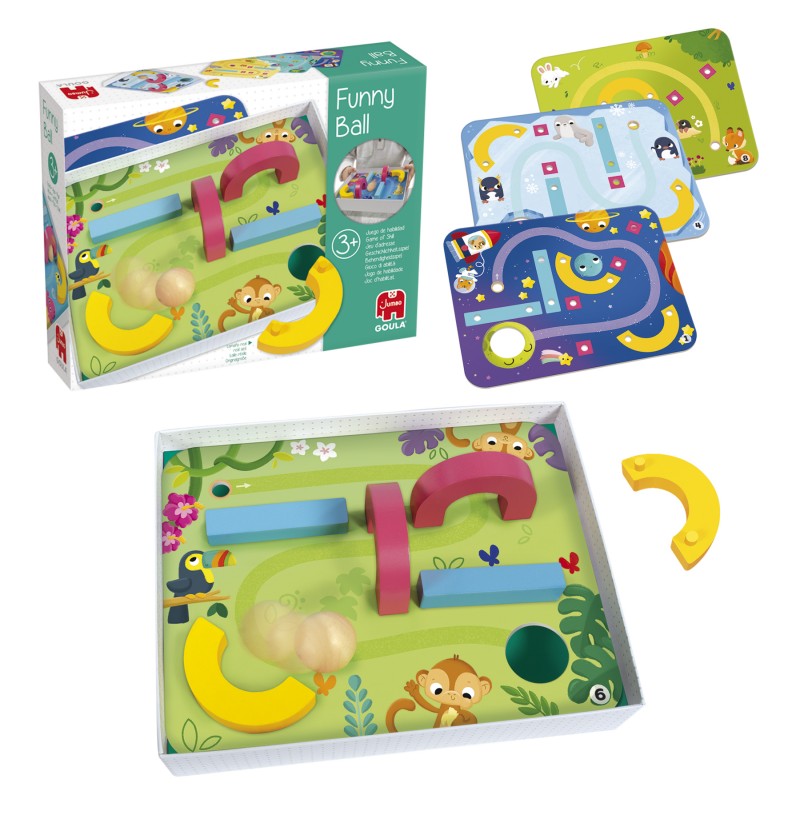 Jogo infantil de madeira colorido com peças e tabuleiro ilustrado, embalagem e cartões com pistas.