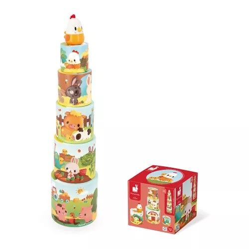 Cubos empilháveis de cartão com desenhos de animais da quinta e caixa vermelha do produto