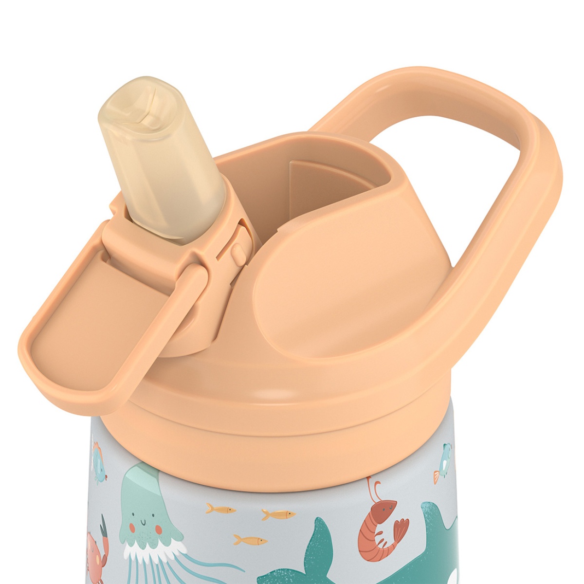 Garrafa infantil com tampa cor de pêssego e decorada com animais marinhos