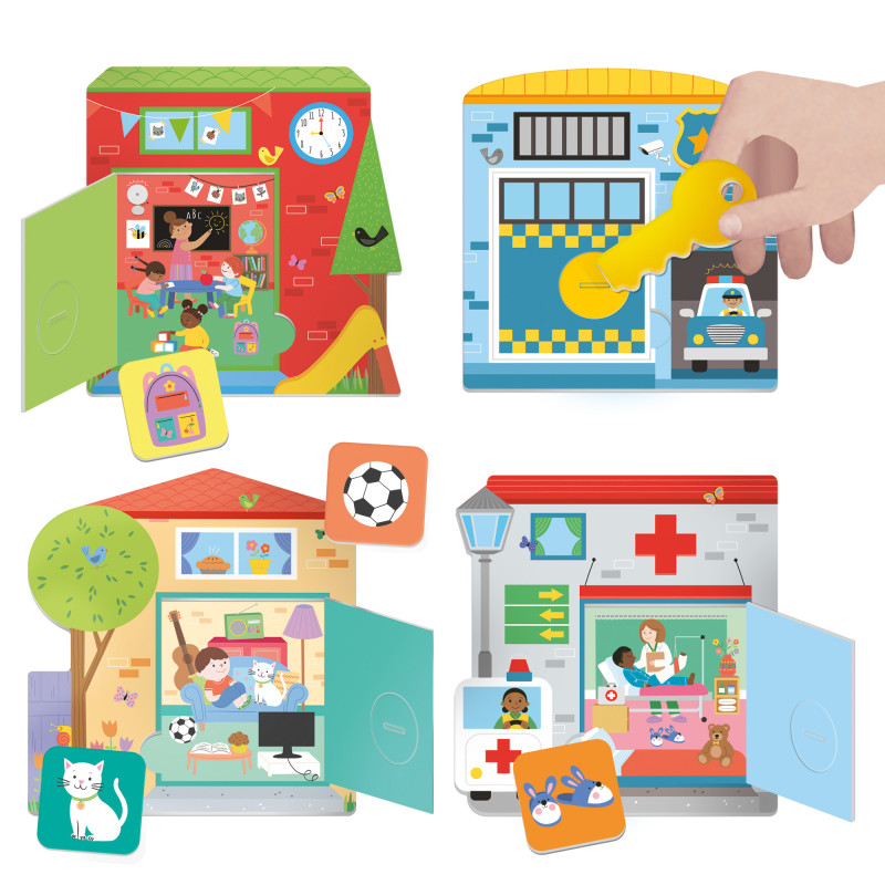 quatro brinquedos educacionais de madeira representando escola, polícia, casa e hospital