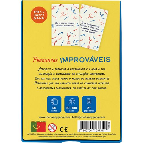 Embalagem amarela e azul de jogo de cartas PERGUNTAS IMPROVÁVEIS da THE HAPPY GANG