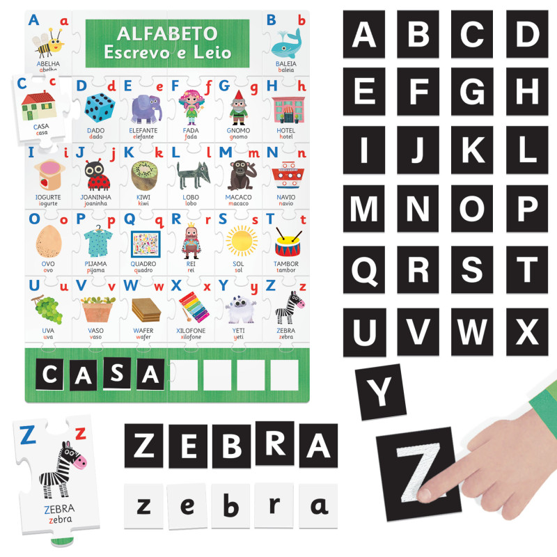 Quebra-cabeça do alfabeto em português com letras e imagens coloridas