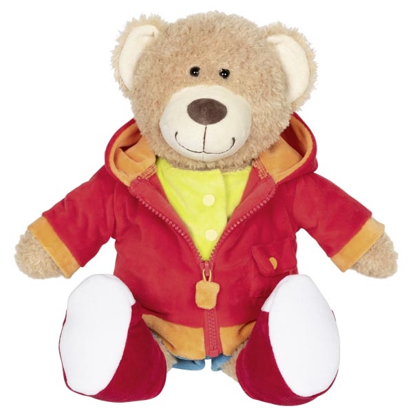 Ursinho de peluche castanho com casaco vermelho e capuz