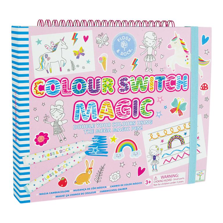 Jogo de cor Colour Switch Magic com desenhos coloridos, duas canetas e elástico azul claro