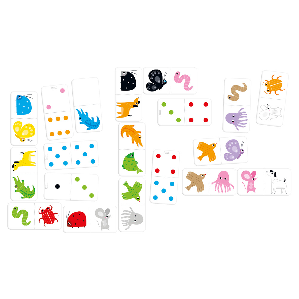 Peças de dominó com animais coloridos e pontos numerados