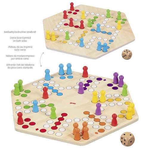 Jogo de tabuleiro de madeira hexagonal com peças coloridas e dados