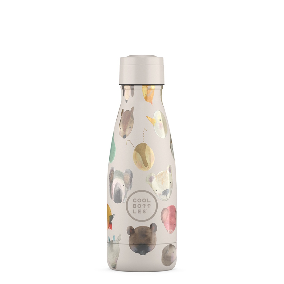 Garrafa térmica creme com tampa branca e desenhos de animais coloridos