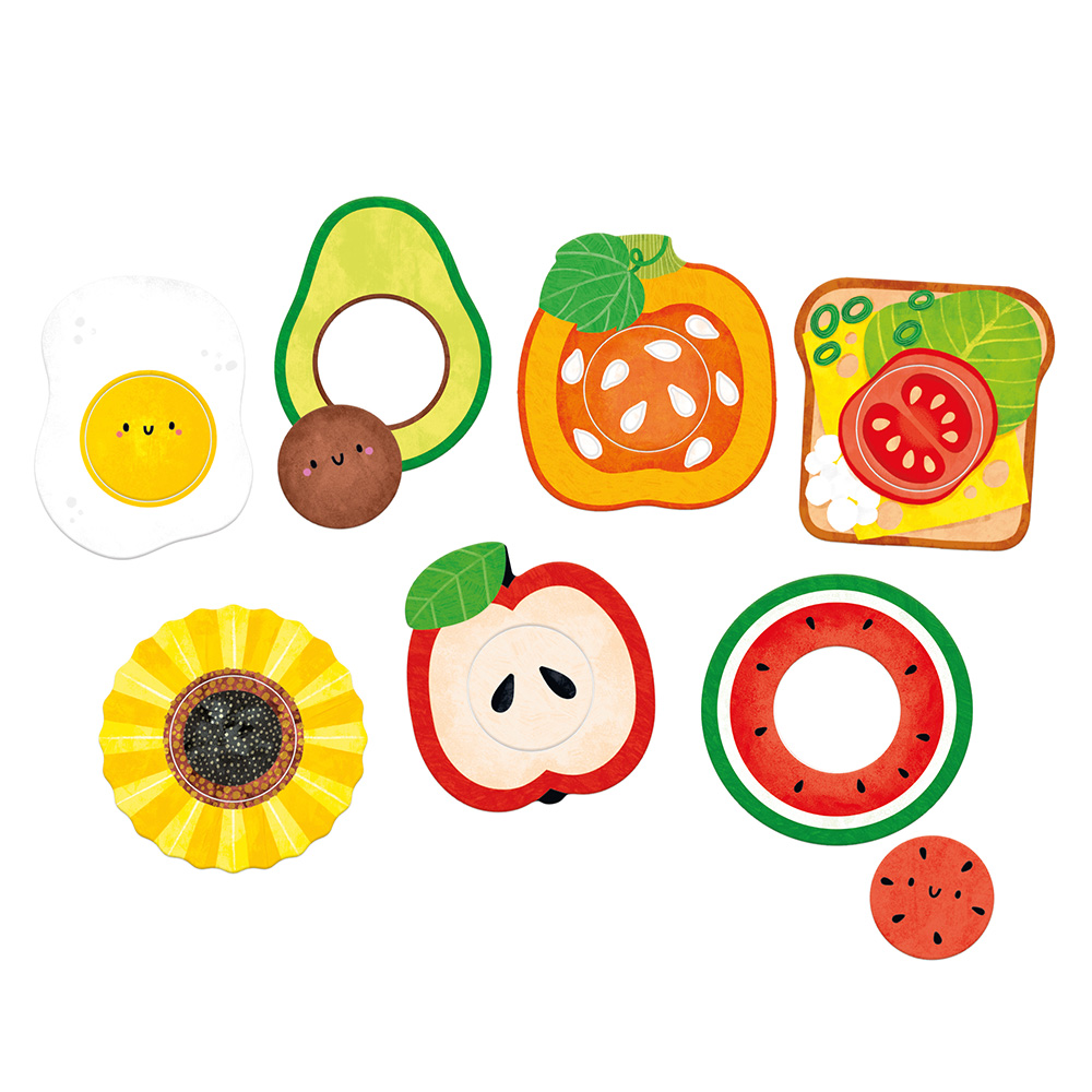 Brinquedos em tecido com formas de frutas e comida coloridas