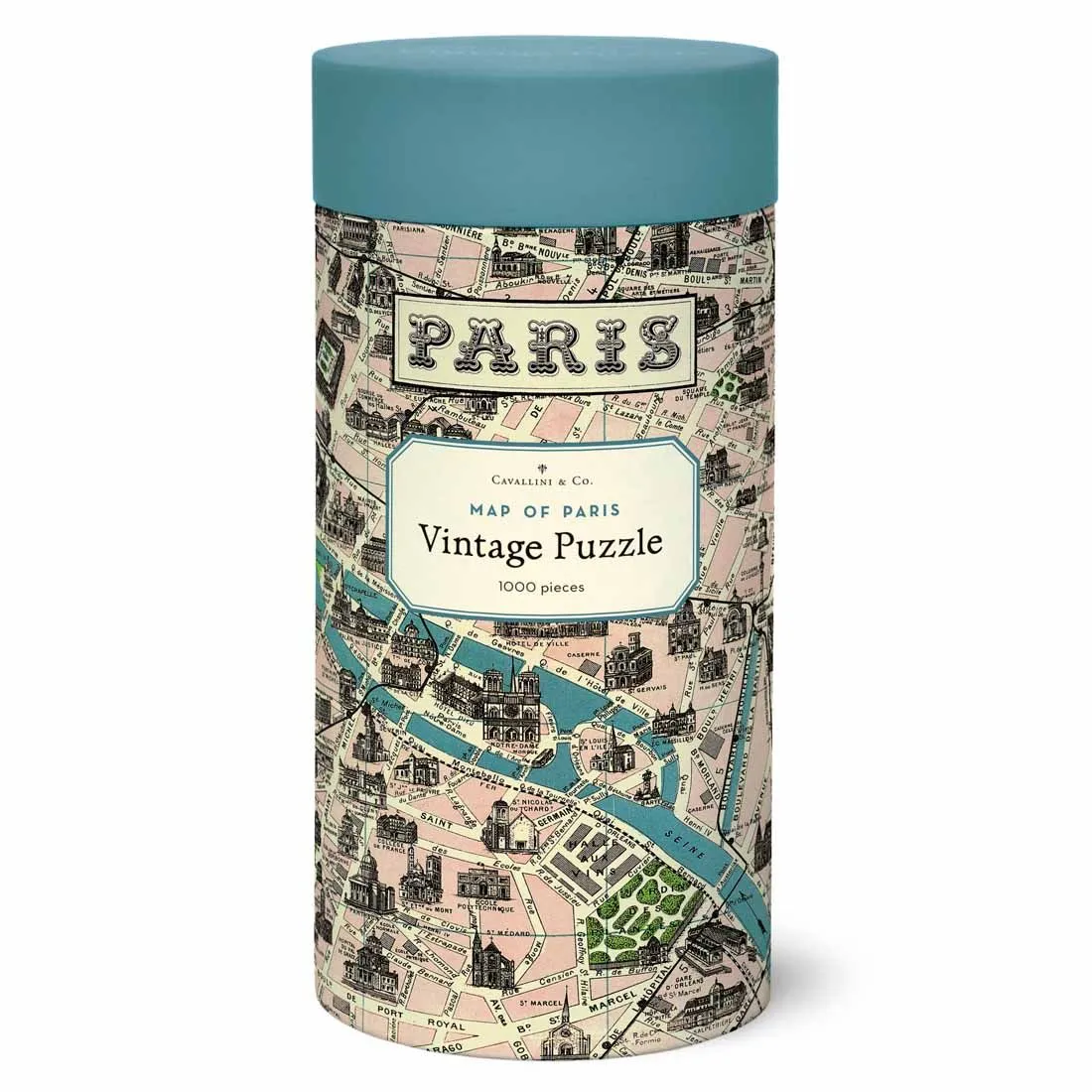 Embalaem cilíndrica de puzzle vintage com mapa de Paris e texto visível