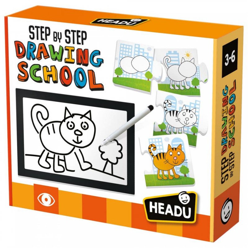 Jogo educativo de desenho passo a passo para crianças com imagem de gato e texto STEP BY STEP DRAWING SCHOOL.