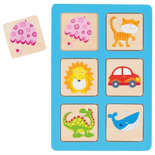 Blocos de madeira coloridos com várias ilustrações sobre moldura azul