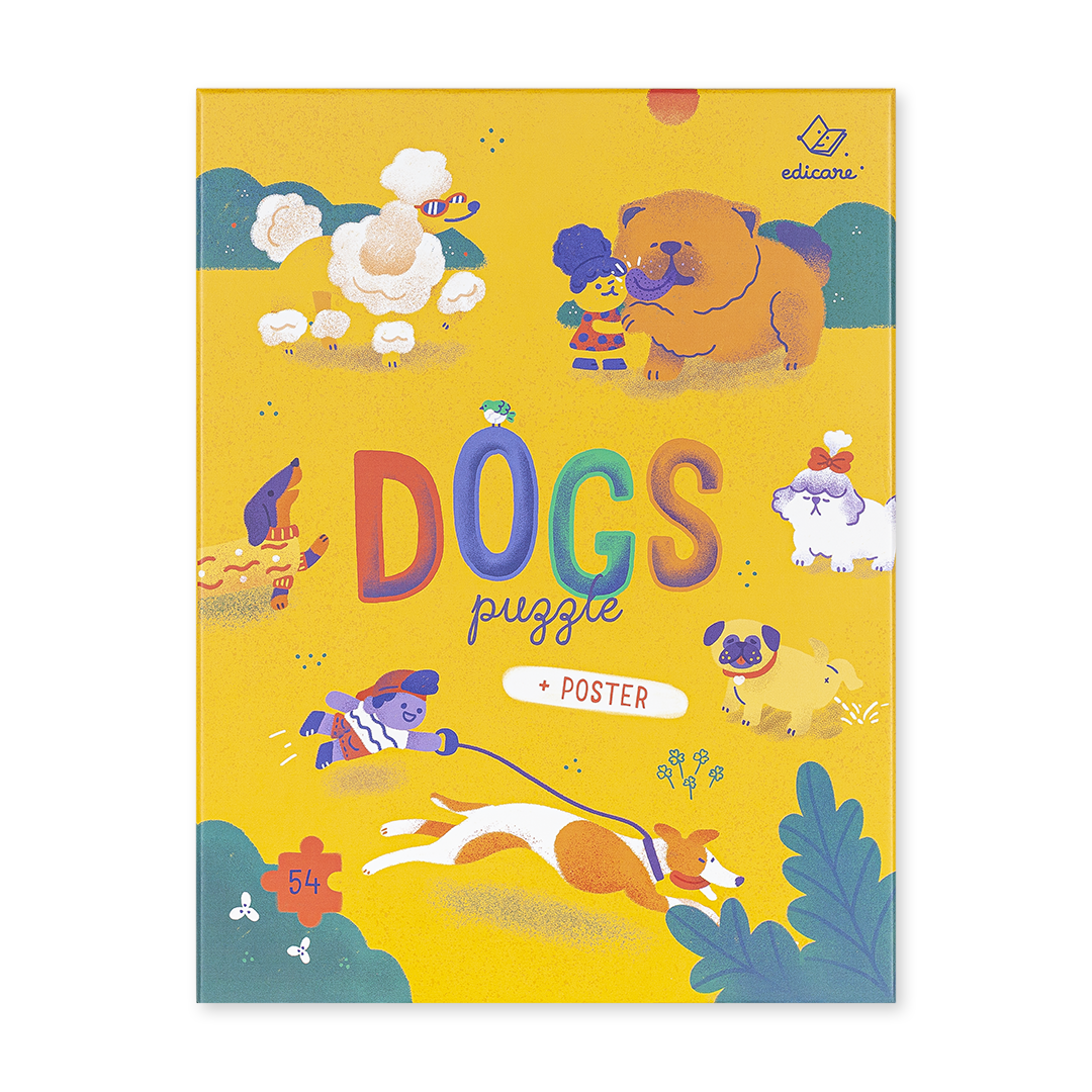 Caixa amarela de puzzle e poster com ilustrações de cães e criança