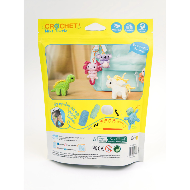 Pacote amarelo de kit para croché Mint Turtle com imagens de bonecos de croché coloridos