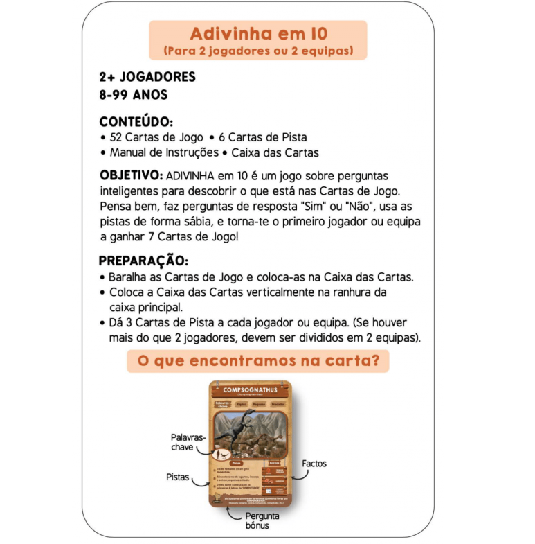 Instruções do jogo Adivinha em 10 com detalhes do conteúdo, regras e exemplos de cartas.