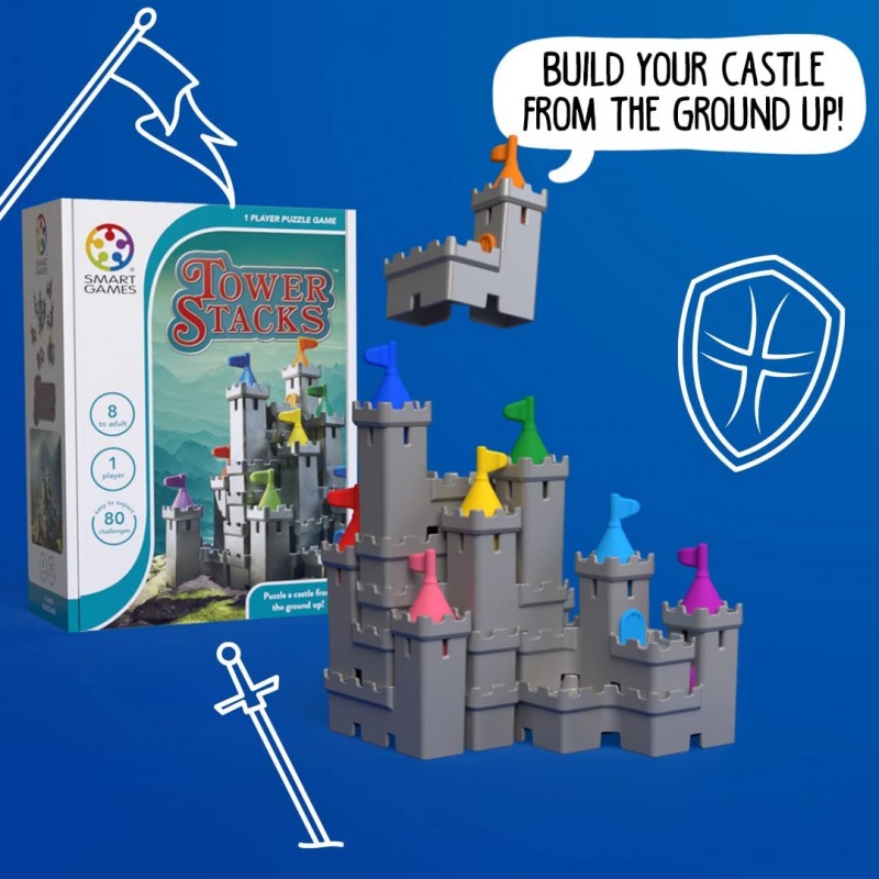 Jogo Tower Stacks com castelo de plástico cinzento e bandeiras coloridas