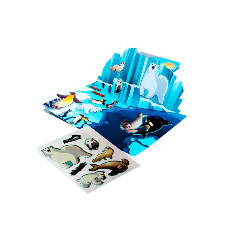 Livro pop-up infantil com animais do Ártico coloridos em papel cartão.