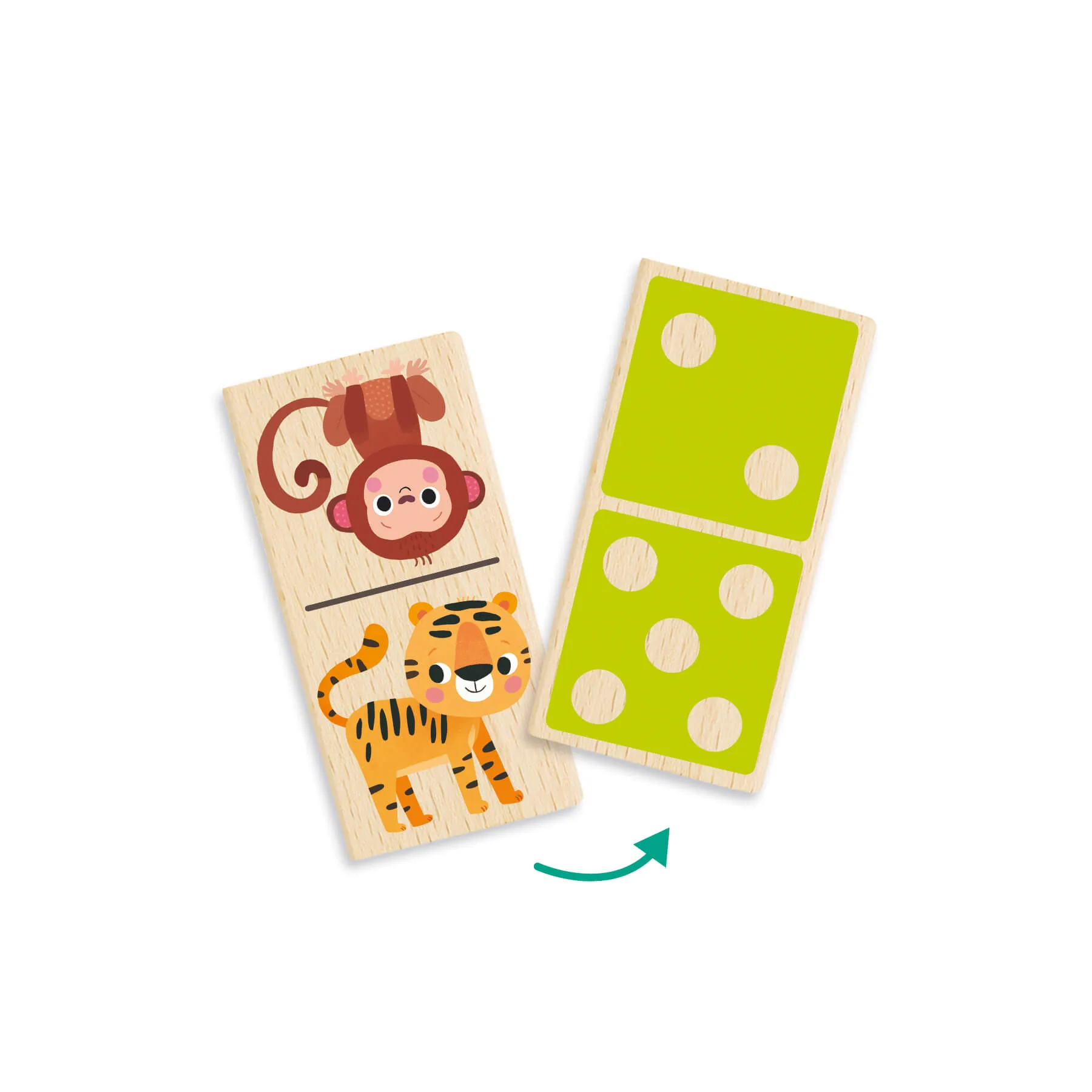 Blocos de madeira para jogo com desenhos de animais e pontos de dominó