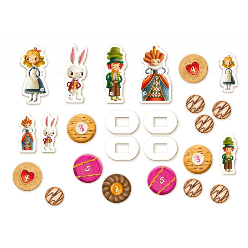 Peças de jogo de tabuleiro coloridas com personagens e fichas numeradas