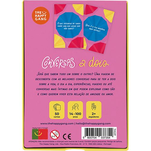 Caixa rosa de jogo de cartas CONVERSAS a dois da THE HAPPY GANG com texto e ícones na parte de trás