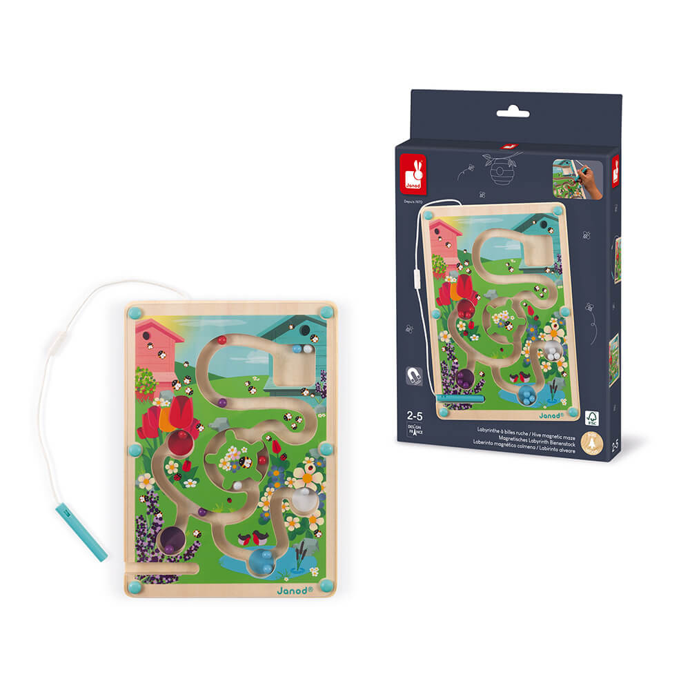 Tabuleta de madeira com percurso magnético e caneta azul, embalagem ao lado