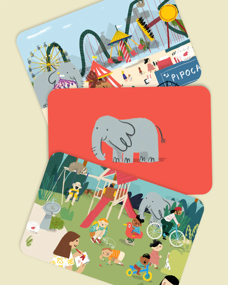 Três cartões com ilustrações infantis coloridas de parque de diversões, elefante e crianças a brincar