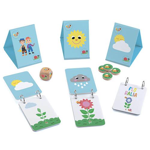 Jogo educativo de cartas e fichas com desenhos coloridos de natureza em suporte azul