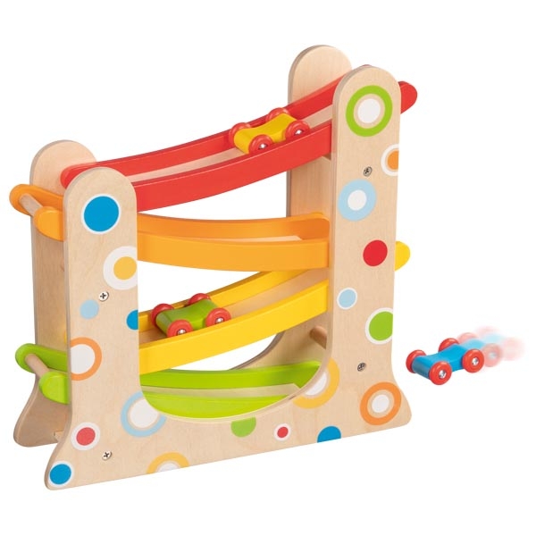 Carrinho de corrida infantil de madeira colorido com quatro pistas e dois carrinhos de brinquedo.