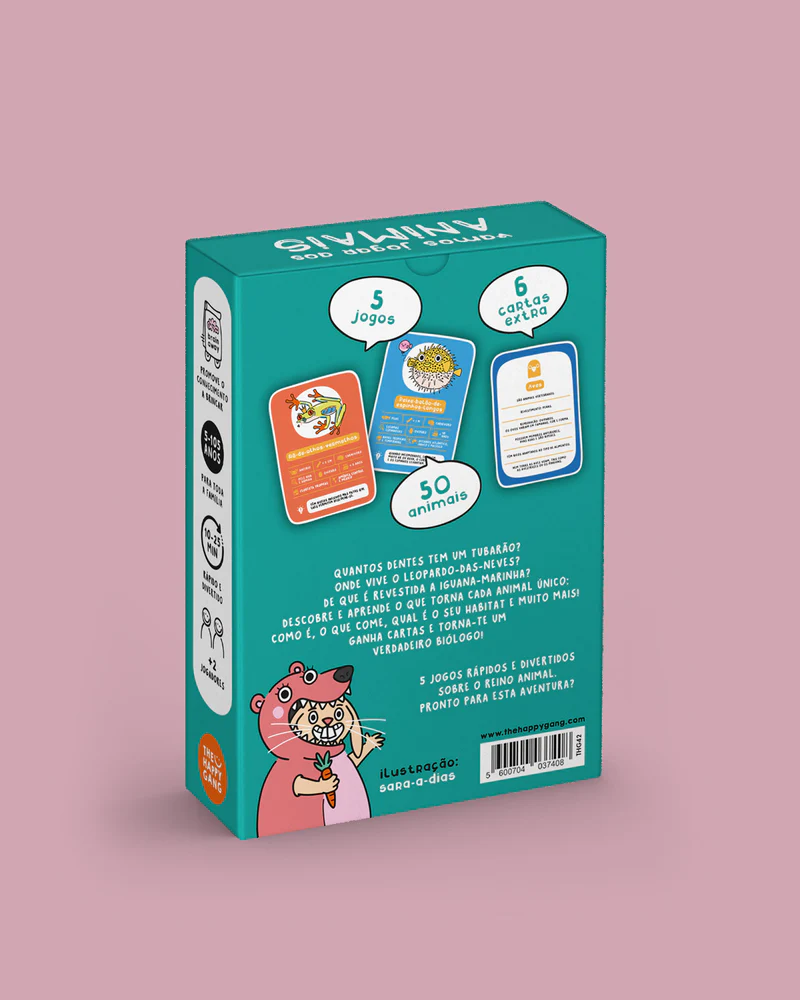 Caixa de jogo educativo com cartas e texto em português