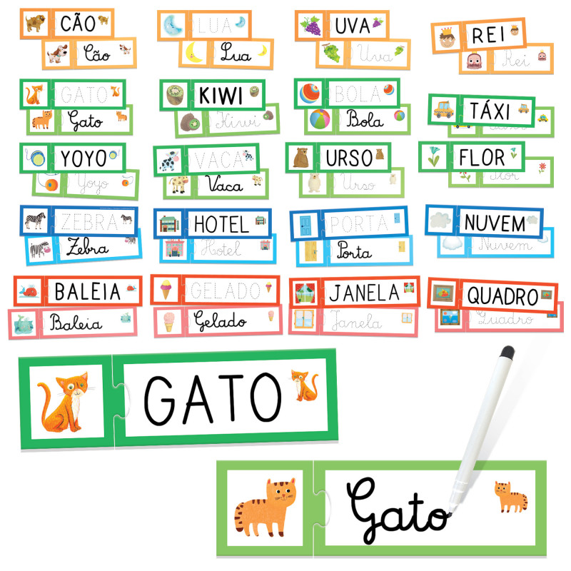 Cartões educativos com palavras em português e ilustrações de animais e objetos