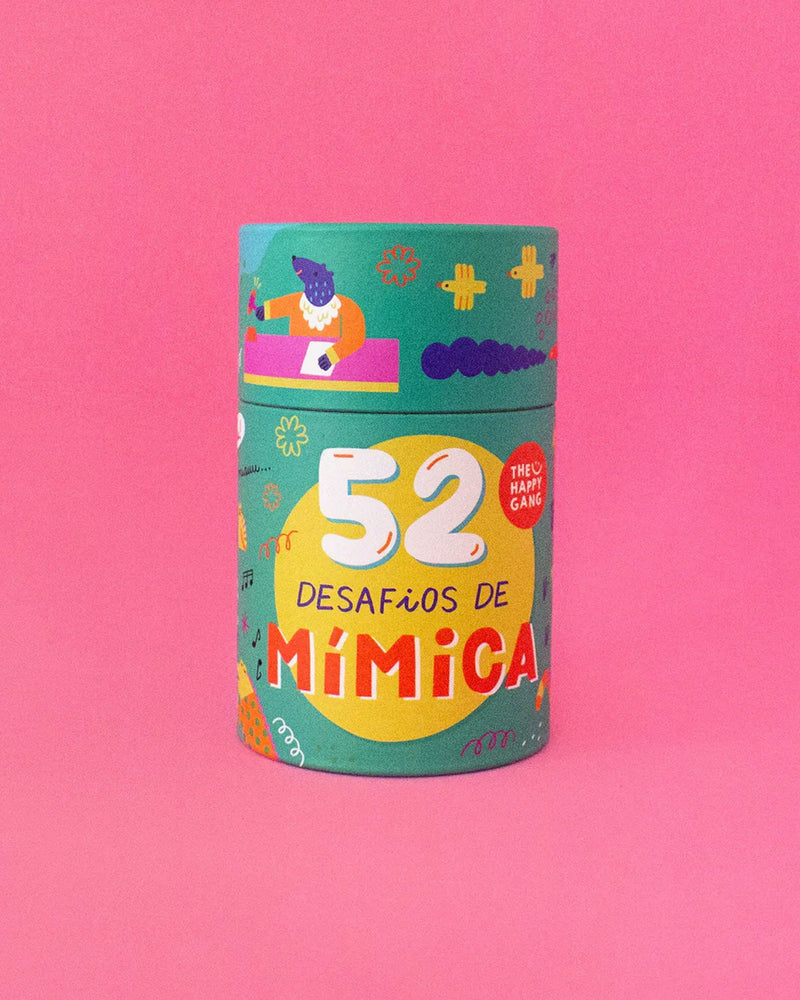 Embalagem cilíndrica colorida com o texto 52 DESAFIOS DE MÍMICA