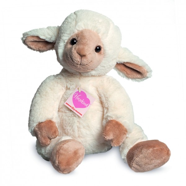 Peluches de ovelha branco e castanho com etiqueta cor-de-rosa