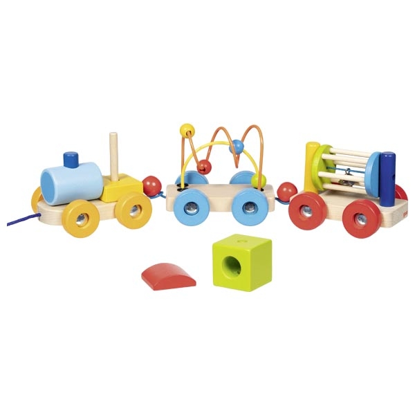 Brinquedo comboio madeira colorido com labirinto de contas