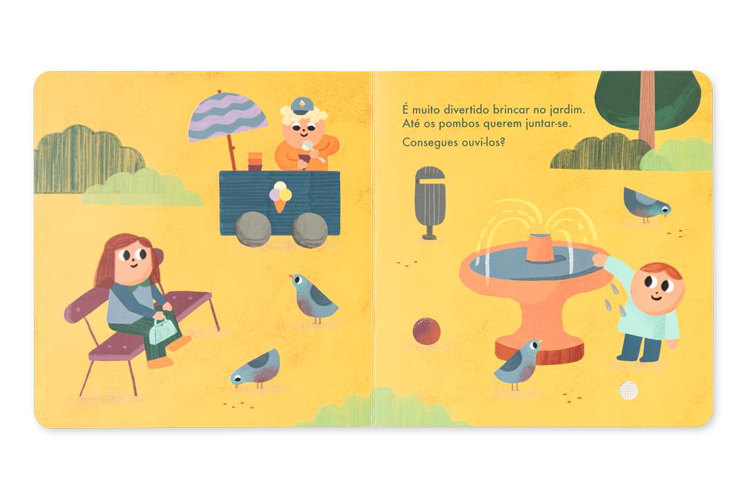 Ilustração colorida de crianças a brincar num jardim com pombos, carrinho de gelados e fonte, texto em português.