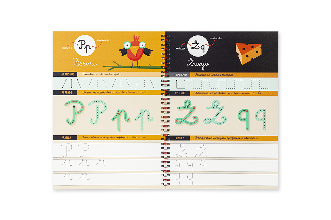 Caderno de caligrafia com letras P e Z, papagaio e queijo, em amarelo e preto