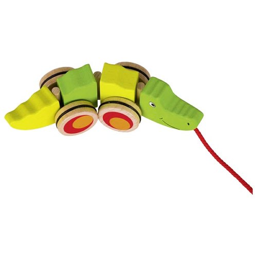 Brinquedo de puxar crocodilo de madeira verde e amarelo com rodas
